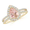 Angara Pear Morganite And Diamond Halo Split Shank Ring In Yellow Gold/peachy Pink