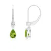 Angara Pear Peridot Leverback Drop Earrings With Diamond In White Gold/green