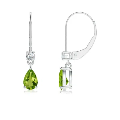 Angara Pear Peridot Leverback Drop Earrings With Diamond In Metallic