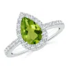Angara Pear Peridot Ring With Diamond Halo In White Gold/green