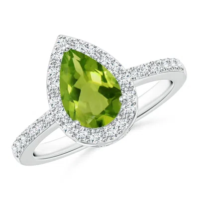 Angara Pear Peridot Ring With Diamond Halo In Metallic