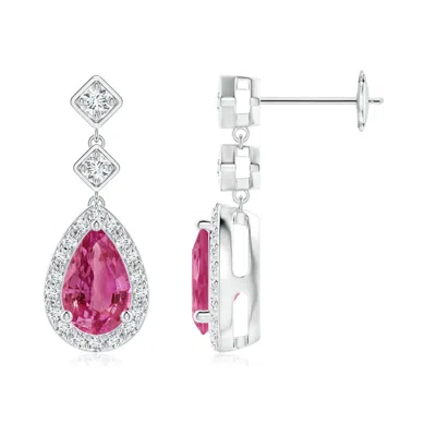 Angara Pear Pink Sapphire Drop Earrings With Diamond Halo In Metallic
