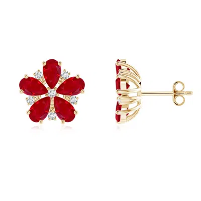 Angara Pear Ruby And Diamond Flower Stud Earrings In Red