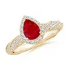 Angara Pear Ruby Halo Twisted Rope Shank Engagement Ring In Yellow Gold/medium Red