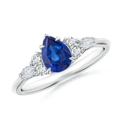 Angara Pear Shape Blue Sapphire Side Stone Engagement Ring With Diamonds In Metallic