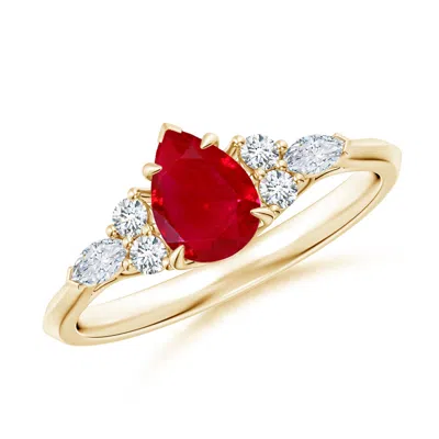 Angara Pear Shape Ruby Side Stone Engagement Ring With Diamonds In Gold