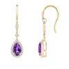 Angara Pear-shaped Amethyst Drop Earrings With Diamond Halo In Yellow Gold/medium Dark Purple