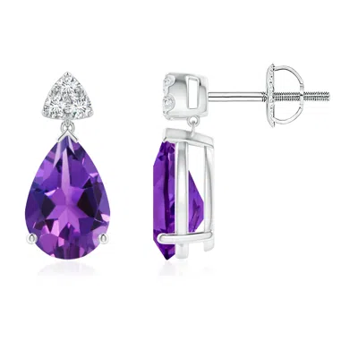 Angara Pear-shaped Amethyst Drop Earrings With Trio Diamonds In Purple
