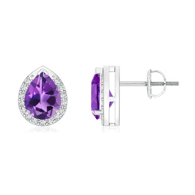 Angara Pear-shaped Amethyst Stud Earrings With Diamond Halo In Purple