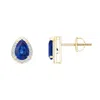 Angara Pear-shaped Blue Sapphire Stud Earrings With Diamond Halo In Yellow Gold/medium To Rich Blue