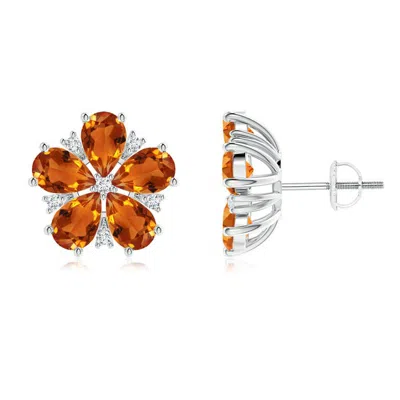 Angara Pear-shaped Citrine And Diamond Flower Stud Earrings In Orange