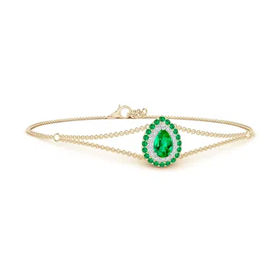 Angara Pear-shaped Emerald Bracelet With Double Halo In Green
