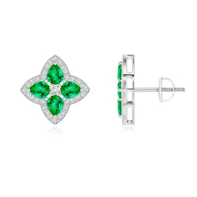Angara Pear-shaped Emerald Clover Stud Earrings With Diamonds In Metallic
