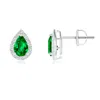 Angara Pear-shaped Emerald Halo Stud Earrings In White Gold/rich Green