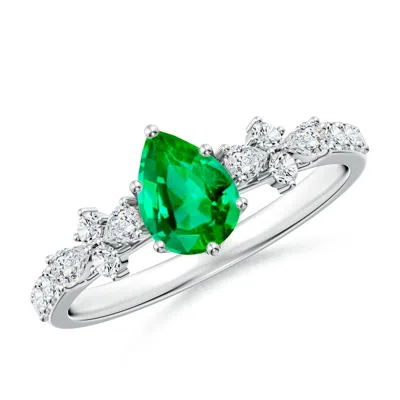 Angara Pear-shaped Emerald Side Stone Engagement Ring With Accents In White