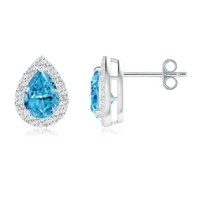 Angara Pear-shaped Fancy Intense Blue Diamond Halo Stud Earrings