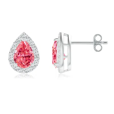 Angara Pear-shaped Fancy Intense Pink Diamond Halo Stud Earrings
