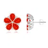 Angara Pear-shaped Fire Opal And Diamond Flower Stud Earrings In White Gold/orangish Bright Red