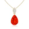 Angara Pear-shaped Fire Opal Pendant With Leaf Bale In Yellow Gold/orangish Bright Red