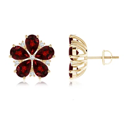 Angara Pear-shaped Garnet And Diamond Flower Stud Earrings In Red
