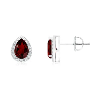 Angara Pear-shaped Garnet Stud Earrings With Diamond Halo In Gray