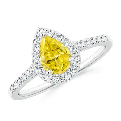 Angara Pear-shaped Lab-grown Fancy Intense Yellow Diamond Halo Engagement Ring With Accents In Metallic