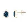 Angara Pear-shaped London Blue Topaz Stud Earrings With Diamonds In Yellow Gold/deep Greenish Blue