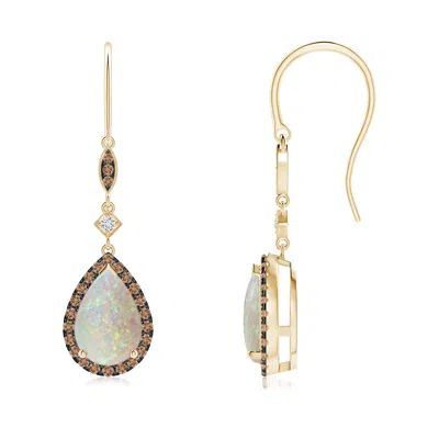 Angara Pear-shaped Opal Drop Earrings With Coffee Diamond Halo In Gold