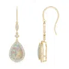 Angara Pear-shaped Opal Drop Earrings With Diamond Halo In Yellow Gold/milky With High Play Of Colour