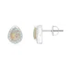 Angara Pear-shaped Opal Stud Earrings With Diamond Halo In White Gold/milky With High Play Of Colour