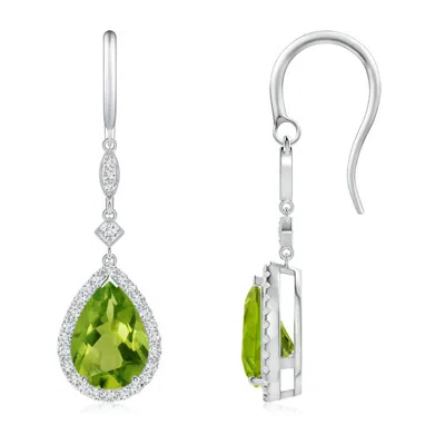 Angara Pear-shaped Peridot Drop Earrings With Diamond Halo In Metallic