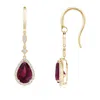 Angara Pear-shaped Rhodolite Drop Earrings With Diamond Halo In Yellow Gold/medium Purplish Red