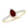 Angara Pear-shaped Ruby Halo Engagement Ring In Yellow Gold/deep Rich Red