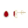 Angara Pear-shaped Ruby Stud Earrings With Diamond Halo In Yellow Gold/medium Red