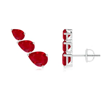 Angara Pear-shaped Ruby Three Stone Climber Earrings In Metallic