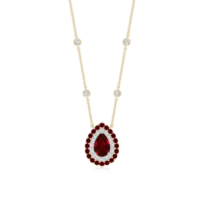 Angara Pear-shaped Ruby Two Tone Necklace With Double Halo In Gold