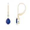 Angara Pear-shaped Sapphire Leverback Drop Earrings With Diamond In Yellow Gold/medium To Rich Blue