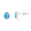 Angara Pear-shaped Swiss Blue Topaz Stud Earrings With Diamond Halo In Platinum/swiss Blue