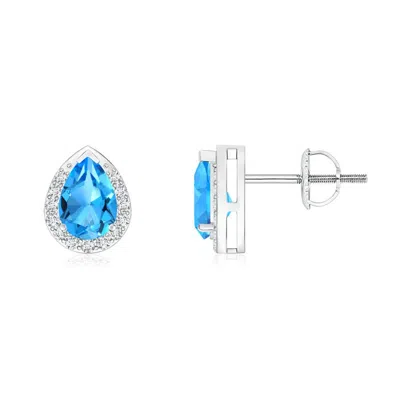 Angara Pear-shaped Swiss Blue Topaz Stud Earrings With Diamond Halo