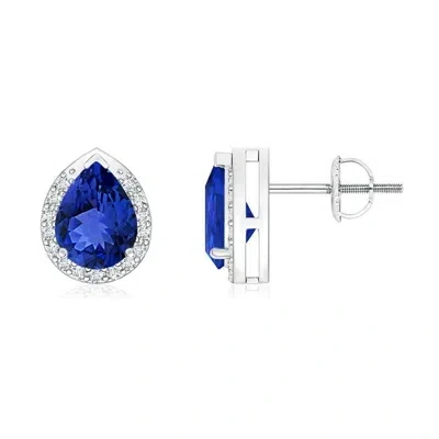 Angara Pear-shaped Tanzanite Stud Earrings With Diamond Halo In Blue