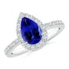 Angara Pear Tanzanite Ring With Diamond Halo In White Gold/deep Rich Violet Blue