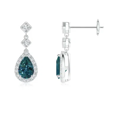 Angara Pear Teal Montana Sapphire Drop Earrings With Diamond Halo In Neutral
