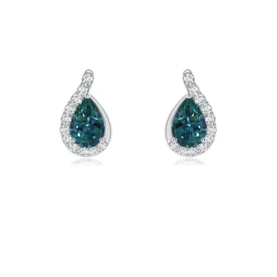 Angara Pear Teal Montana Sapphire Earrings With Diamond Swirl Frame In Metallic