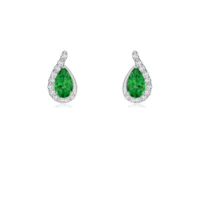 Angara Pear Tsavorite Earrings With Diamond Swirl Frame In Green