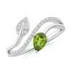 Angara Peridot And Diamond Bypass Ring With Leaf Motif In White Gold/yellowish Green