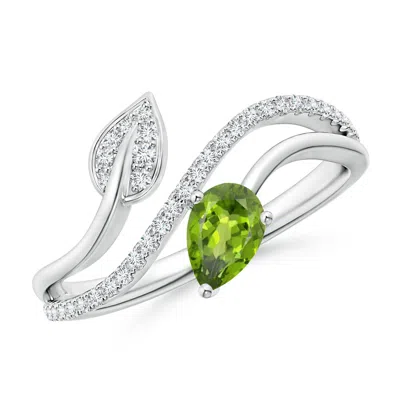 Angara Peridot And Diamond Bypass Ring With Leaf Motif In Metallic