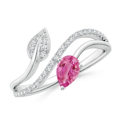 Angara Pink Sapphire And Diamond Bypass Ring With Leaf Motif In Metallic