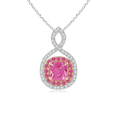 Angara Pink Sapphire & Diamond Double Halo Two Tone Infinity Pendant In Metallic