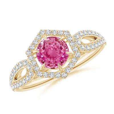 Angara Pink Sapphire Split Shank Ring With Diamond Hexagon Halo In Gold