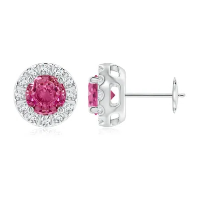 Angara Pink Sapphire Stud Earrings With Bar-set Diamond Halo In Green